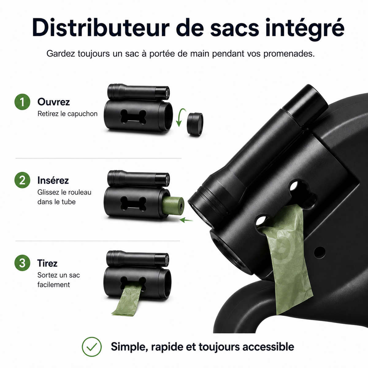 Distributeur de sacs intégré à la laisse double rétractable DogLina avec insertion et retrait du rouleau