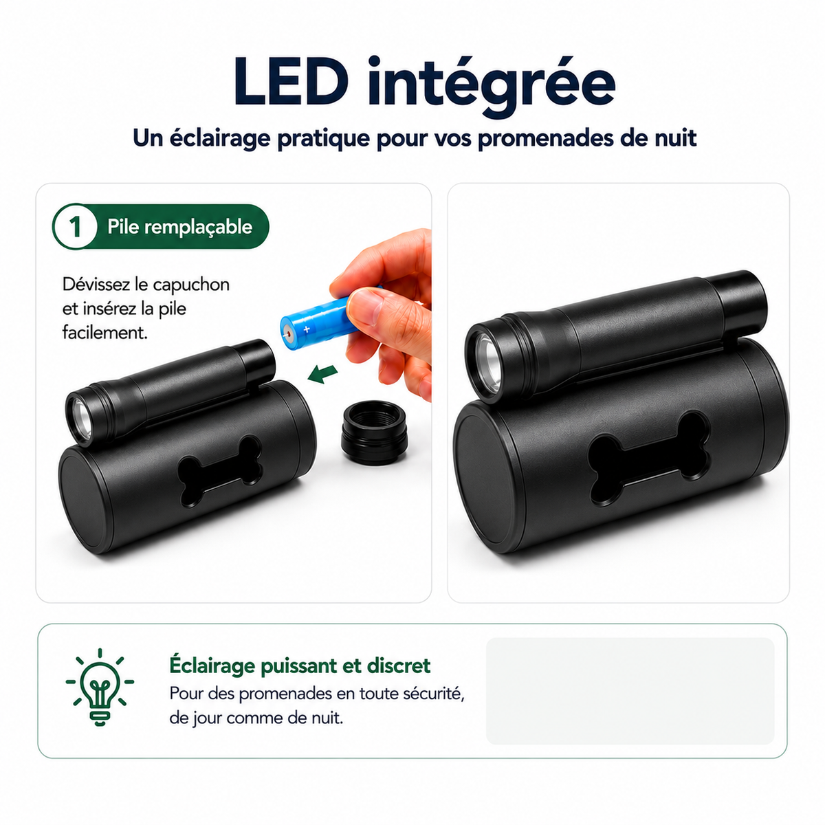 LED intégrée de la laisse double rétractable DogLina avec pile remplaçable pour les promenades de nuit