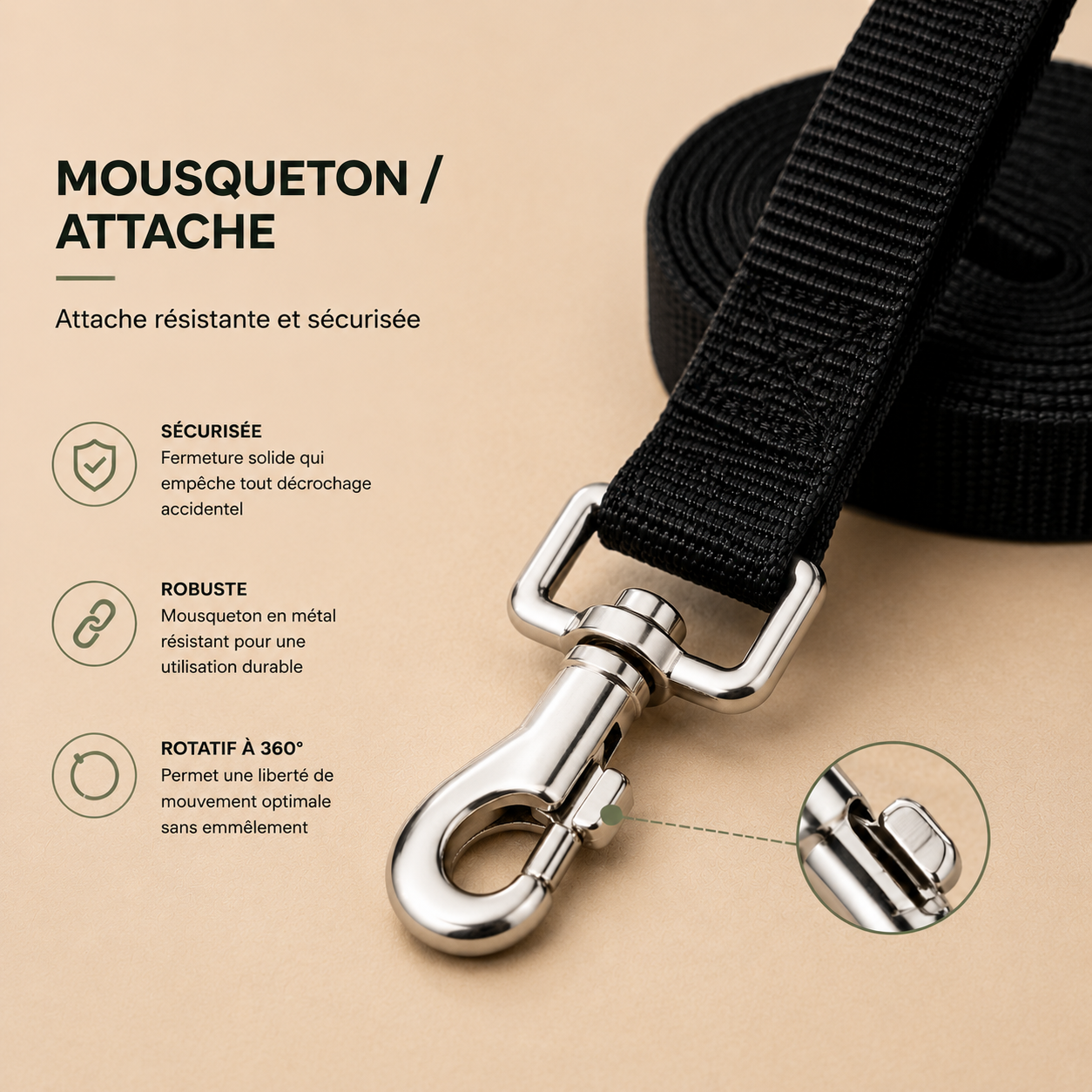 Mousqueton métallique sécurisé d'une laisse chien en nylon resistant DogLina