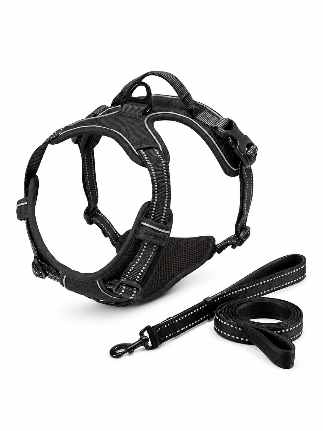 Harnais anti-traction noir réglable pour chien avec bandes réfléchissantes et sa laisse incluse