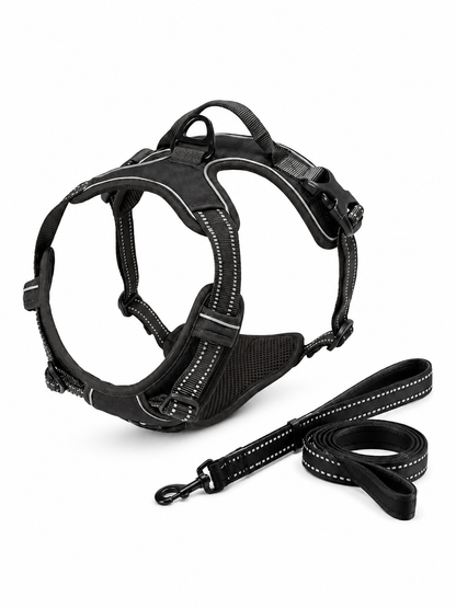Harnais anti-traction noir réglable pour chien avec bandes réfléchissantes et sa laisse incluse