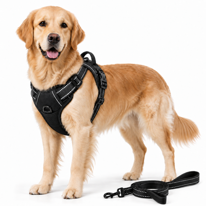 Harnais anti-traction pour chien noir avec laisse assortie, porté par un Golden Retriever