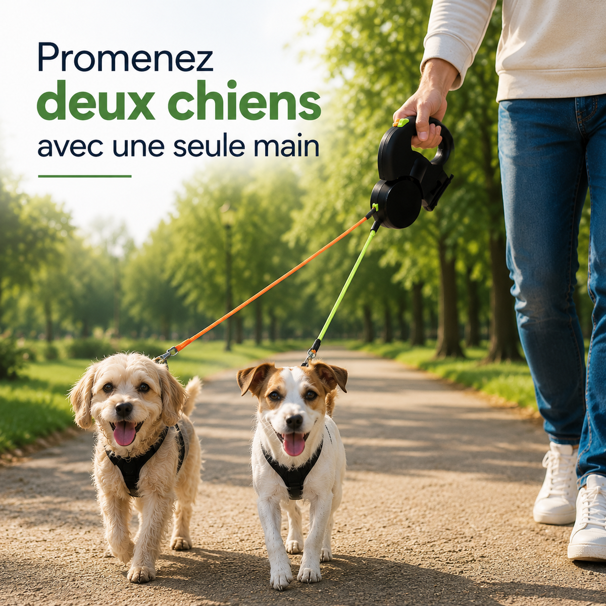 Promenade de deux chiens avec une laisse double rétractable tenue d’une seule main