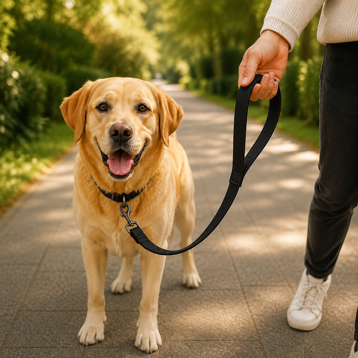 Laisse chien résistante en nylon noir utilisée lors d'une promenade quotidienne avec un chien