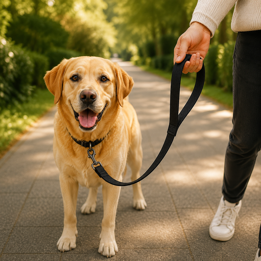 Laisse chien résistante en nylon noir utilisée lors d'une promenade quotidienne avec un chien