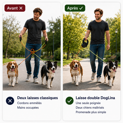 Comparaison entre deux laisses classiques emmêlées et une laisse double DogLina pour promener deux chiens avec une seule poignée